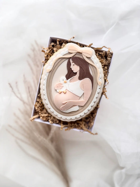 danis drip cookie cutter stempel Mama im Spitzenrahmen mit Schleife schwanger Küken  bow ausstecher fondant 